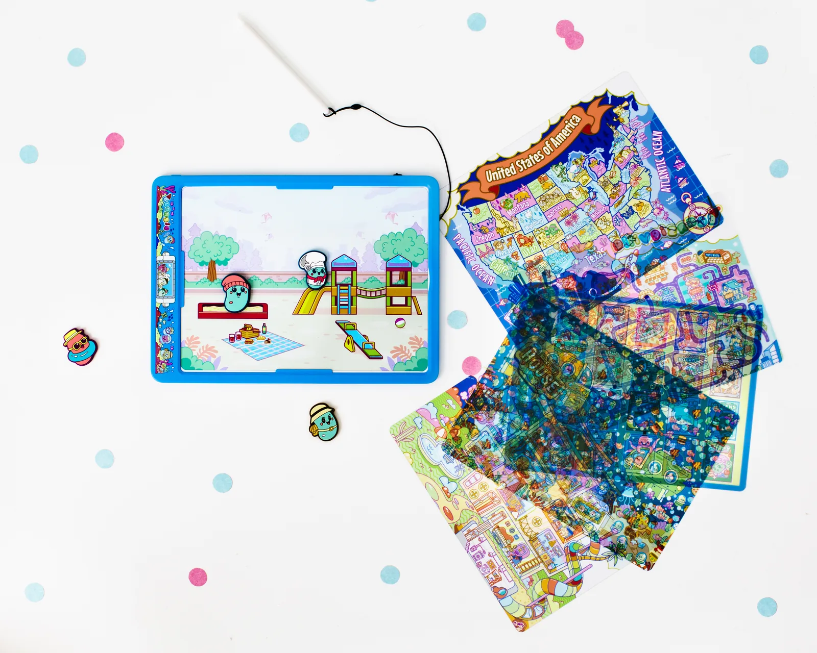 Beansie play scene with game board and magnetic characters